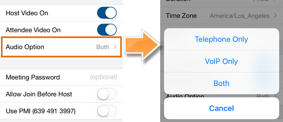 Meetings iOS - Schedule - Audio Option - Select your preferred audio