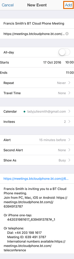 Meetings iOS - New Event - Tap Add Event