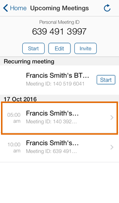 Meetings iOS - Upcoming Meetings - Select a meeting that you need to edit