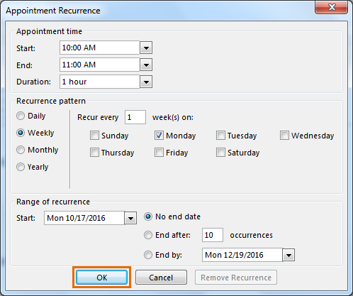 BTCP Meetings Desktop - Meetings - Updating Recurring Meetings - Appointment Recurrence - set recurring meeting options, then click OK.