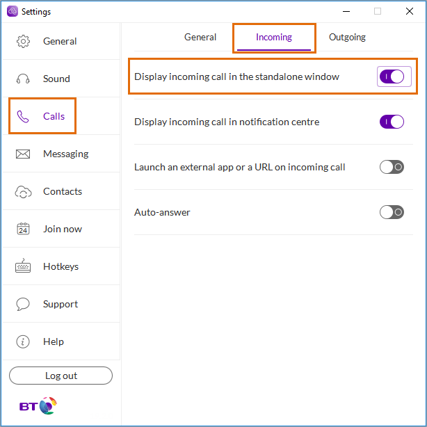 bt desktop app - display incoming call